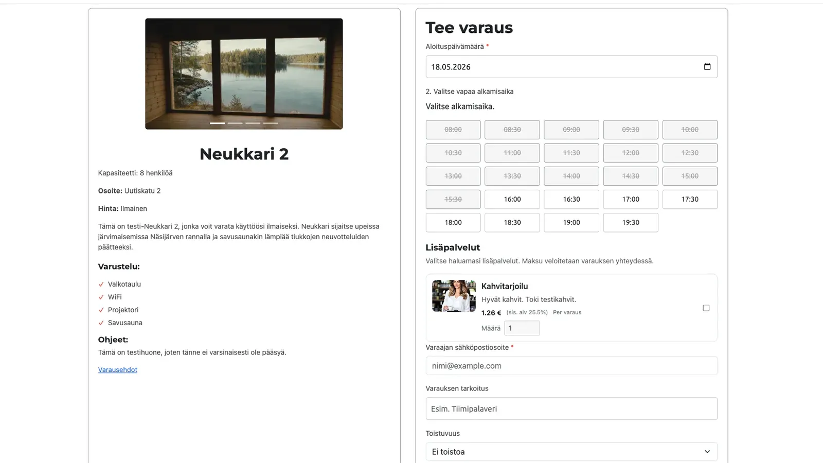 Pinbook varausnäkymä